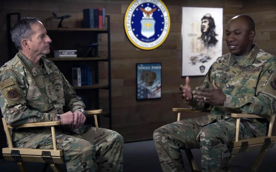 U.S. Air Force Chief of Staff David Goldfein, left, and Chief Master Sgt. of the Air Force Kaleth O. Wright discuss the death of George Floyd in Minneapolis and Wright's concerns for young, black airmen in this screenshot from a video posted on social media, Tuesday, June 2, 2020.