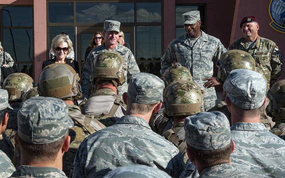 Air Force Chief of Staff Gen. David Goldfein and Chief Master Sergeant of the Air Force Kaleth O. Wright speak with airmen at Kirtland Air Force Base, N.M., Oct. 20, 2017.