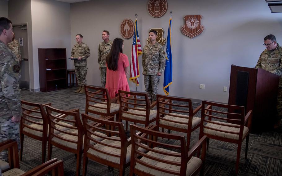 Members of the 720th Special Tactics Group watch as Staff Sgt. Johnathan Randall, Special Operations Surgical Team member assigned to the 720th Operational Support Squadron, is presented a Bronze Star Medal during a ceremony at Hurlburt Field, Florida, May 20, 2020. Randall was awarded the medal for his work on a battlefield surgical team during the fight against the Islamic State group.