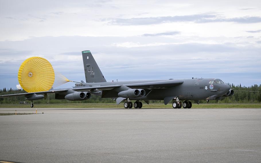 A B-52H Stratofortress from Barksdale Air Force Base, La., arrives at Eielson Air Force Base, Alaska, Sunday, June 14, 2020.