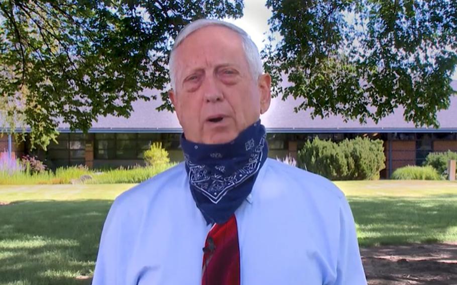 Former defense secretary and retired Marine Corps general Jim Mattis speaks about the coronavirus in this screenshot of a video released by the city of Richland, Wash., Monday, June 22, 2020.