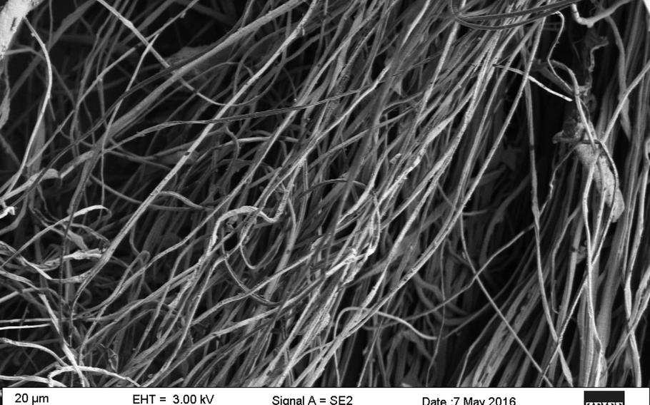 A close-up view of a lightweight nanofiber material developed by researchers at Harvard University in collaboration with the U.S. Army. The empty space between the nanofibers protects against intense heat while still allowing the material to stop shrapnel, researchers said.
