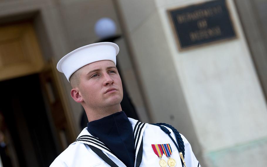 A sailor with the Joint Armed Forces Honor Guard participates in a ceremony at the Pentagon near Washington, D.C., Oct. 2, 2019.