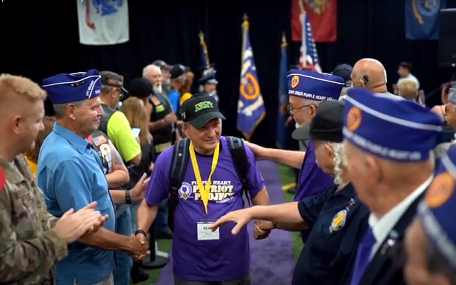 A screenshot from a video of the National Purple Heart Honor Mission's first Purple Heart Patriot Project mission. The organization, which honors America's combat-wounded veterans,is seeking nominees from every state and U.S. territory for an expenses-paid trip to the Purple Heart museum and other historic sites in New York state.