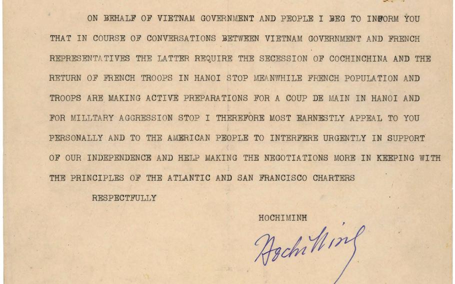 Vietnamese leader Ho Chi Minh wrote to President Harry Truman on Feb. 28, 1946, asking American intercession to stop the return of French forces to their former colony in Southeast Asia. National Archives and Records Administration