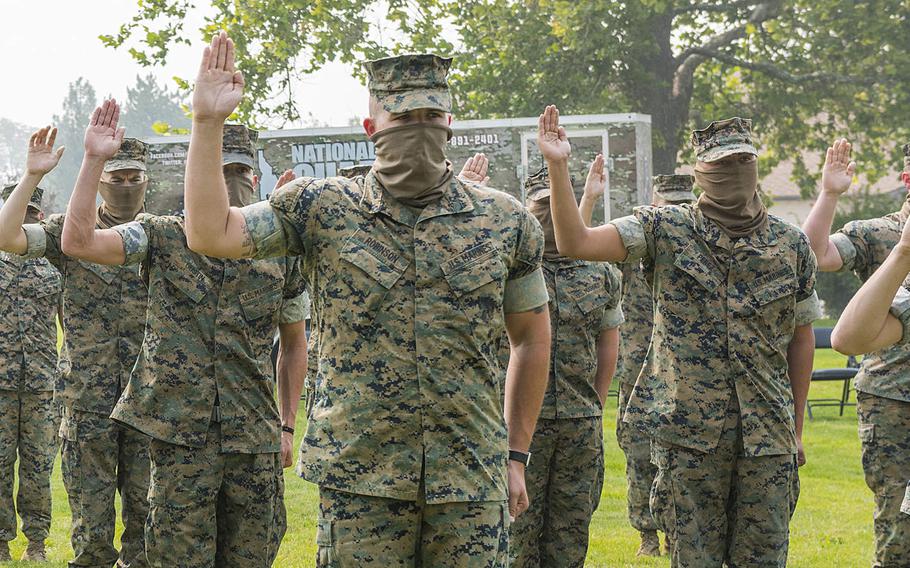 More than three dozen former Marine reservists enlisted in the Idaho Army National Guard on Sept. 13, 2020, at Gowen Field, Boise, Idaho. The service members all served in Company C, 4th Tank Battalion, which was deactivated in August as the Marine Corps divests its armor battalions.