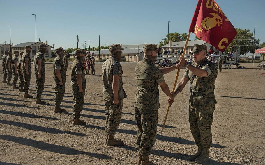 The Marine Corps Reserve's Company C, 4th Tank Battalion deactivates at Idaho National Guard Base Gowen Field, Aug. 14, 2020. More than three dozen of the former Marines enlisted in the Idaho Army National Guard on Sept. 13, 2020.