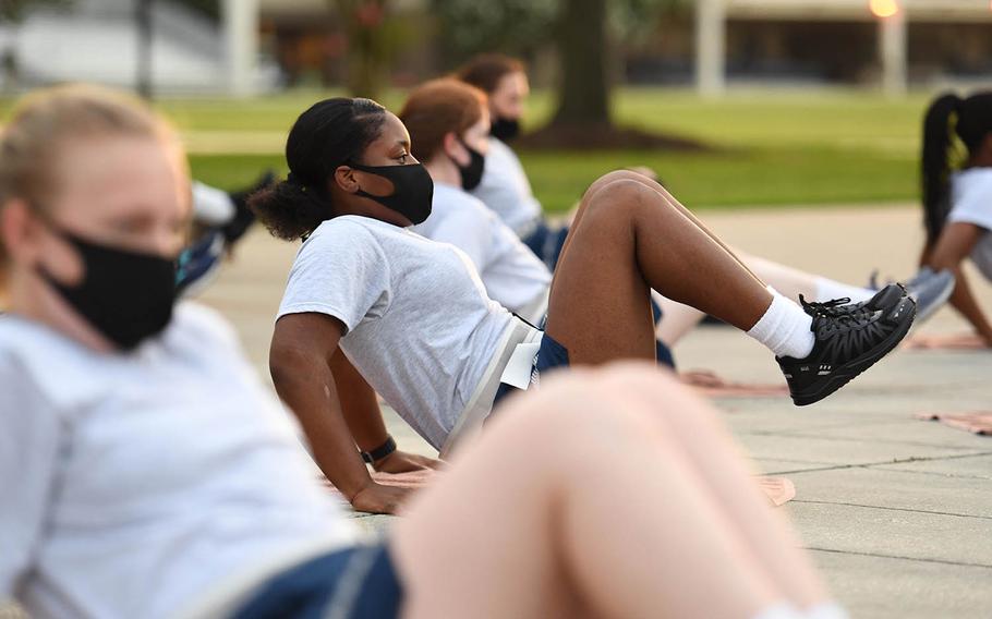 Air Force trainee Chris-Ann Wilmoth participates in a physical training session at Keesler Air Force Base, Miss., July 1, 2020.