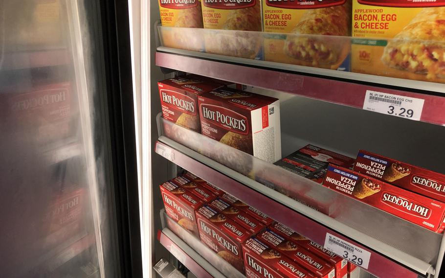 Hot Pockets in a cooler case at an AAFES Express store on Kleber Kaserne in Kaiserslautern, Germany, Thursday, Oct. 1, 2020.