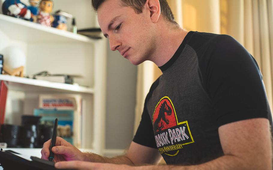 Maximilian Uriarte, author of the popular "Terminal Lance" comic and the new graphic novel "Battle Born: Lapis Lazuli," works in September 2020 from his home in Santa Monica, Calif.