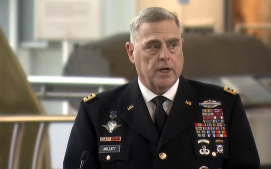Gen. Mark Milley, chairman of the Joint Chiefs of Staff, speaks during a change-of-command ceremony for the Defense Intelligence Agency in Washington, D.C., Thursday, Oct. 1, 2020.