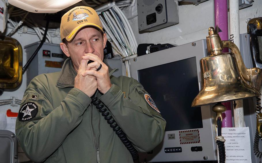 Capt. Brett Crozier addresses his crew while serving as commanding officer of the aircraft carrier USS Theodore Roosevelt, Jan. 17, 2020.