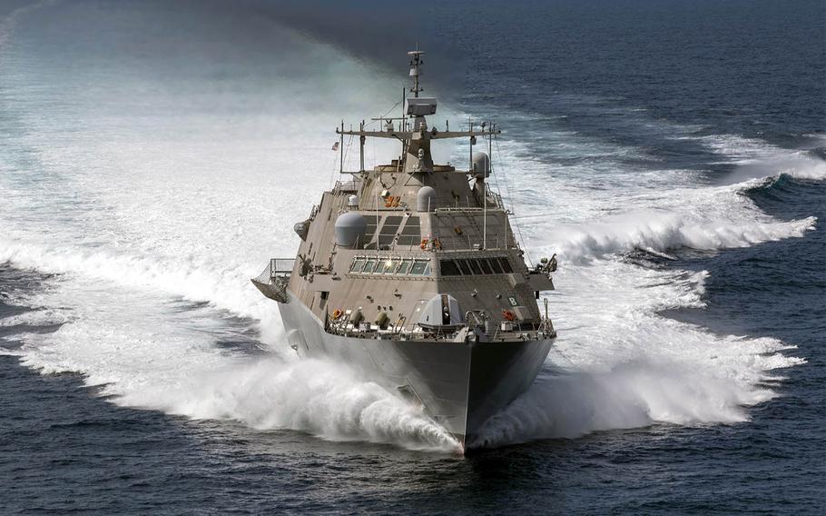 The littoral combat ship USS Detroit moves at high speed during operations in the Atlantic Ocean on Nov. 17, 2019.