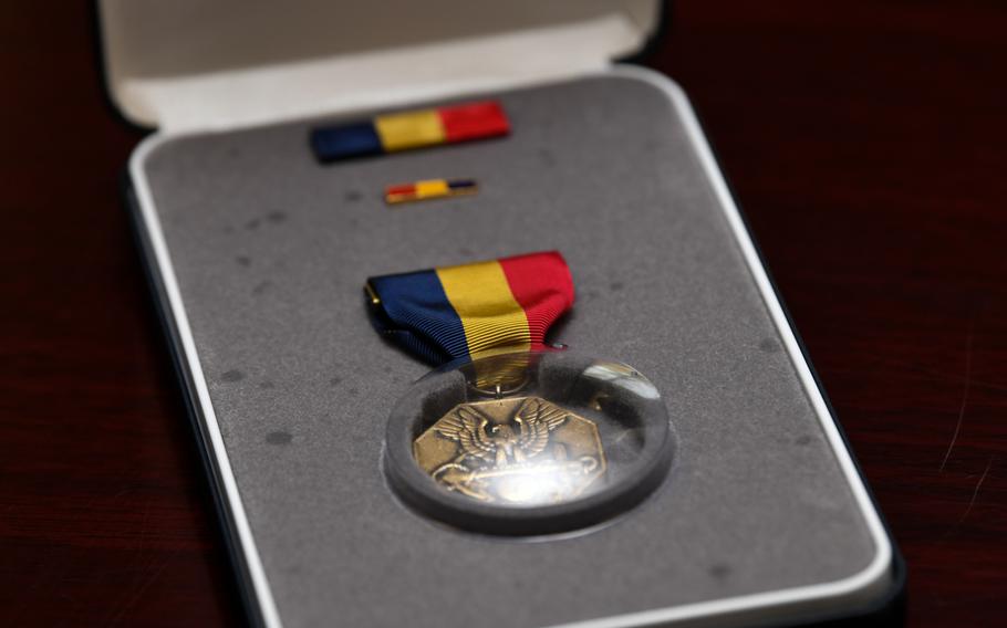 The Navy and Marine Corps Medal was posthumously awarded to Lance Cpl. Corey Staten during a ceremony held by 4th Combat Engineering Battalion in Baltimore, Md., Oct. 24, 2020. Lance Cpl. Staten was awarded the medal for sacrificing his own life to save a fellow Marine from drowning in July 2018.