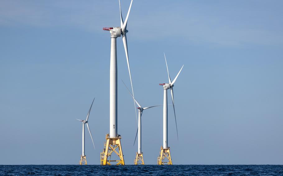 Wind turbines generate electricity at the Block Island Wind Farm on July 7, 2022, near Block Island, Rhode Island. 