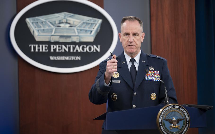 Air Force Brig. Gen. Patrick Ryder, the top Pentagon spokesman, speaks Tuesday, Jan. 17, 2023., during a news briefing at the Pentagon. 