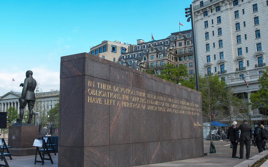 A statue of Army Gen. John J. Pershing and two memorial walls still remain from the old Pershing Park, which were incorporated into the World War I Memorial where a dedication ceremony took place April 16, 2021, in Washington, D.C.