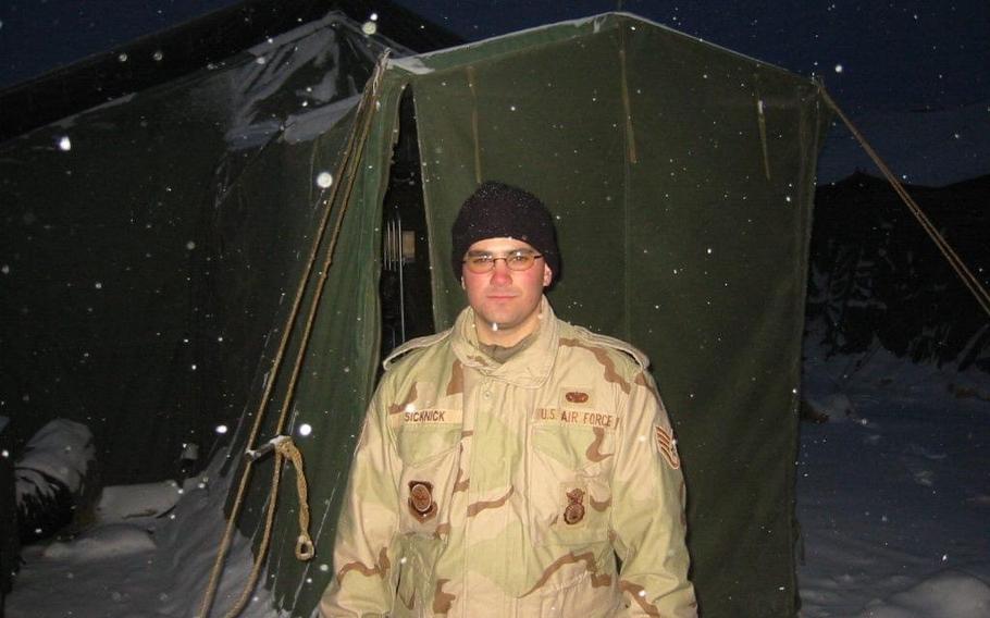 Brian D. Sicknick, the Capitol Police officer who died Jan. 7, 2021, after being injured during the riots in the Capitol building the day before, is shown during a deployment with the New Jersey Air National Guard to Kyrgyzstan in 2003, as part of the U.S. military response to the attacks of Sept. 11, 2001. Sicknick served six years in the Air National Guard. He joined the Capitol Police in 2008.