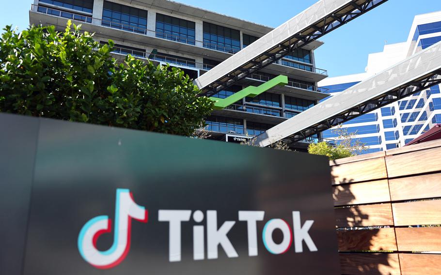 The TikTok logo is displayed outside a TikTok office on Dec. 20, 2022, in Culver City, California. 