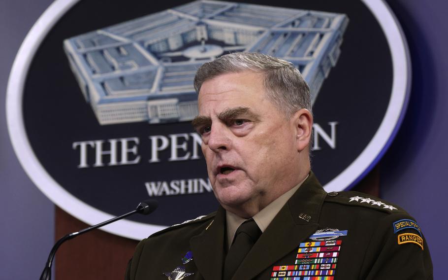 U.S. Chairman of the Joint Chiefs of Staff General Mark Milley participates in a news briefing at the Pentagon May 6, 2021, in Arlington, Virginia. 