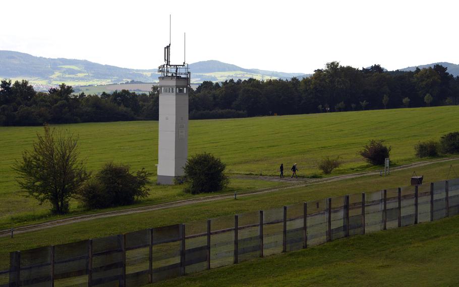 The East German observation tower as seen from the American tower looking from what was West Germany into East Germany. Today both towers are part of the Point Alpha Memorial.




