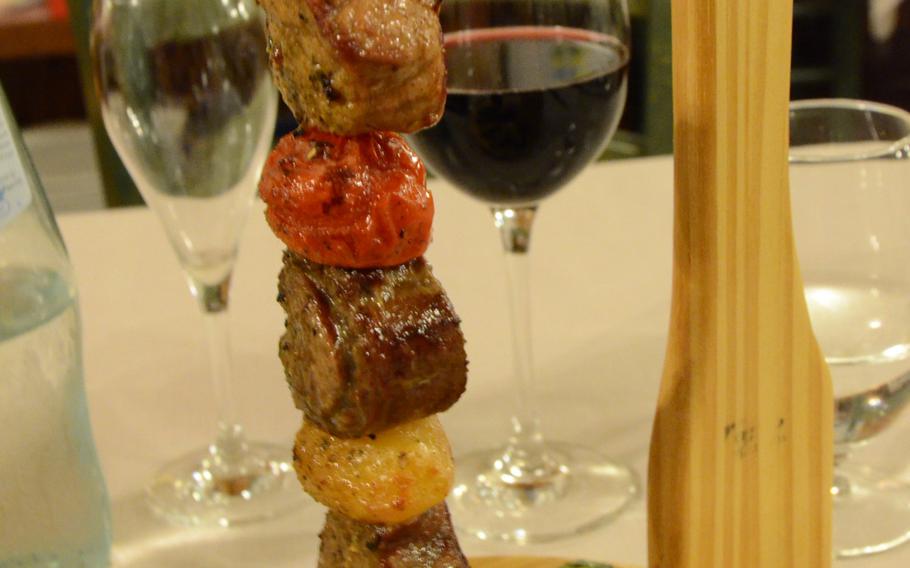 "L'impiccato", or "the hanged," is made up of Angus beef, venison and pork suspended on a spit and served at Il Rifugio, a restaurant in Budoia, Italy. 