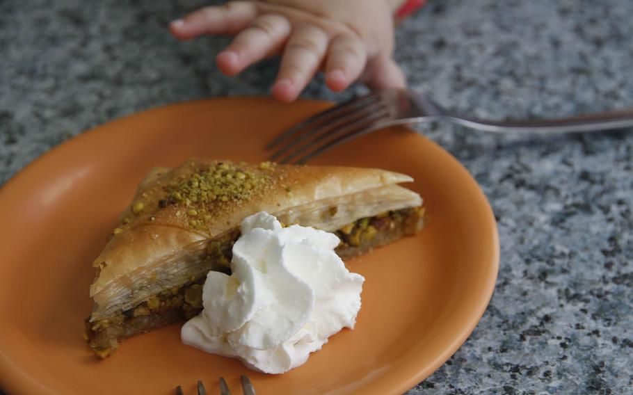 Greek Marina's baklava isn't as syrupy as some, but its finely layered pastry and mix of nuts and butter make it a rich dessert.
