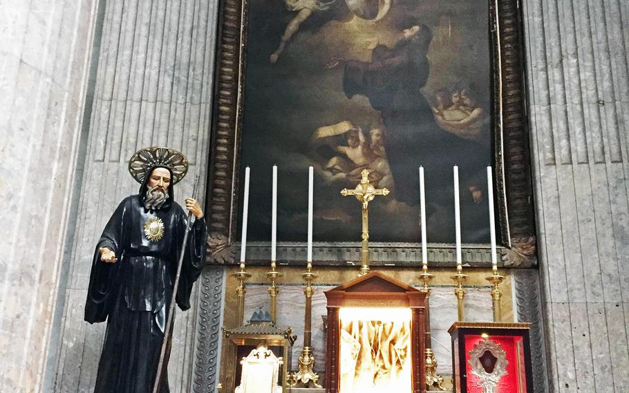 One of several shrines for St. Francis of Paola, for whom King Ferdinand 1 dedicated the cathedral, which was completed in 1816. It now stands at the Piazza del Plebiscito, a giant public square in Naples, Italy.
