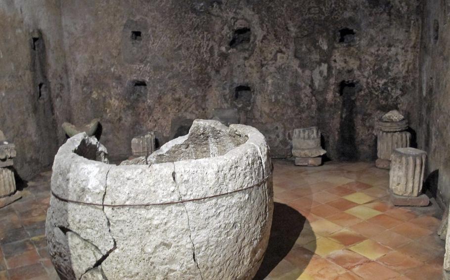 One of three small rooms in Vicenza's Criptoportico Romano thought to be a sort of pantry contains a large stone bowl whose purpose remains a mystery.


