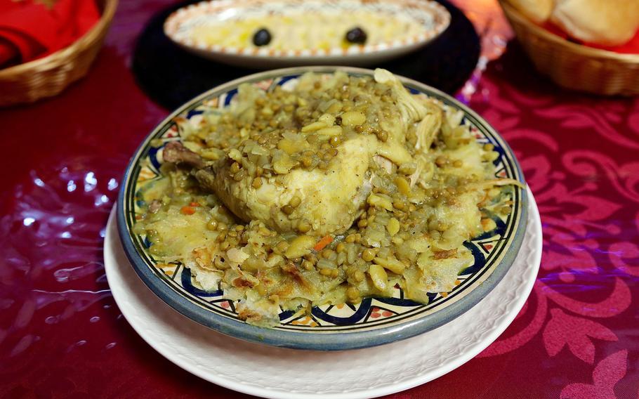 A plate of Rfissa, a popular Moroccan chicken dish served at Atlas Kueche in Kaiserslautern, Germany.

