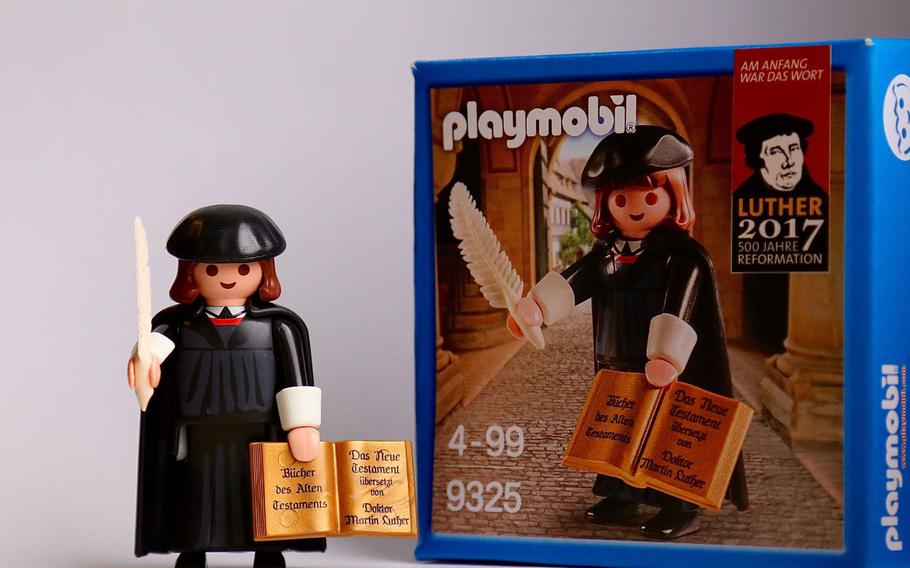 Take on the Catholic Church, get your own action figure. Martin Luther, the prime mover of the Protestant Reformation as imagined by Playmobile. Available for purchase at the Worms City Museum.