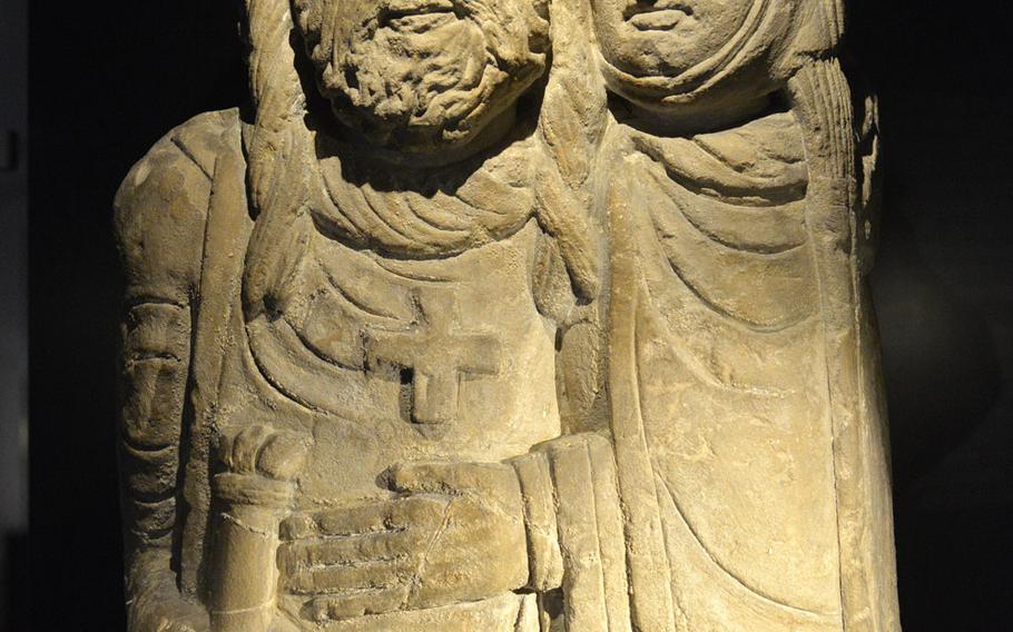 A 12th-century statue of a pilgrim and his wife, from the Belval cloister in Portieux, France. It is possible this is a farewell scene, as he is wearing a cross on his tunic. Normally this wouldn't be removed until the journey to the Holy Land was completed. It is on display at the ''Richard Lionheart King – Knight – Prisoner'' exhibit at the Historical Museum of the Palatinate in Speyer, Germany.


