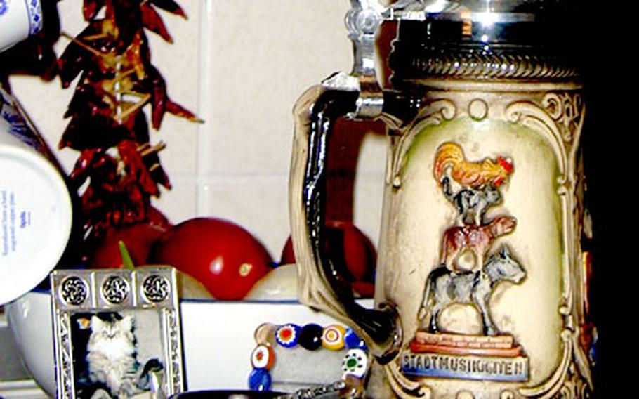 Steins make attractive souvenirs of places traveled during your stay in Europe. This one from Bremen depicts characters from the Grimm Brothers’ Bremen Town Musicians fairy tale.