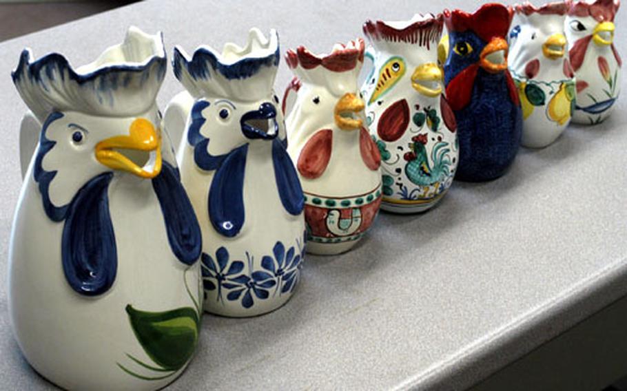 Chicken pitchers from Italy come in all sizes, colors and designs. The pitchers date back hundreds of years and are given to friends and family members to protect them from trespassers and danger.