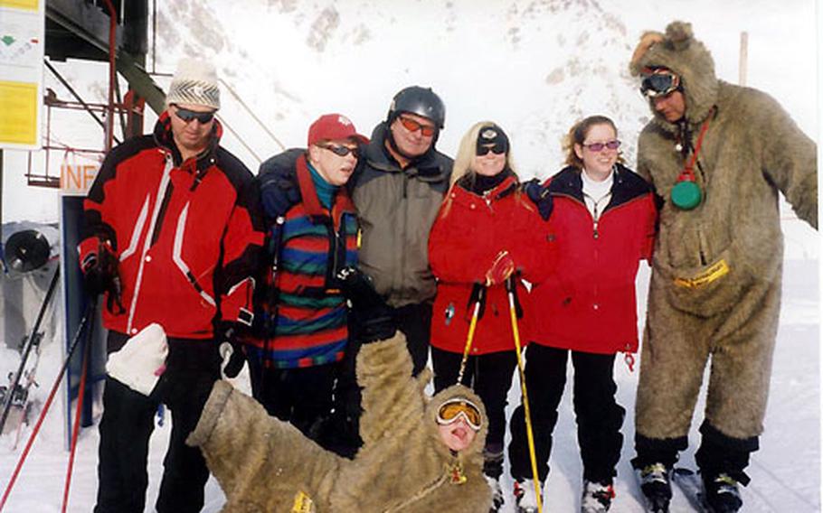 Members of Stuttgart’s Patch Ski club pose for a photo with he “kangaroos.” The costumed furry fellows roam the slopes to promote the Krazy Kangaruh restaurant and bar. They have been known to offer cold skiers a shot of warm-up schnapps.