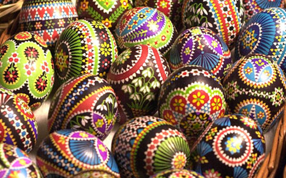 A basket of colorful Sorbian Easter Eggs at an Easter Egg market in Seligenstadt, Germany. The Sorbs are a Slavic minority living in eastern Germany near Hoyerswerda.