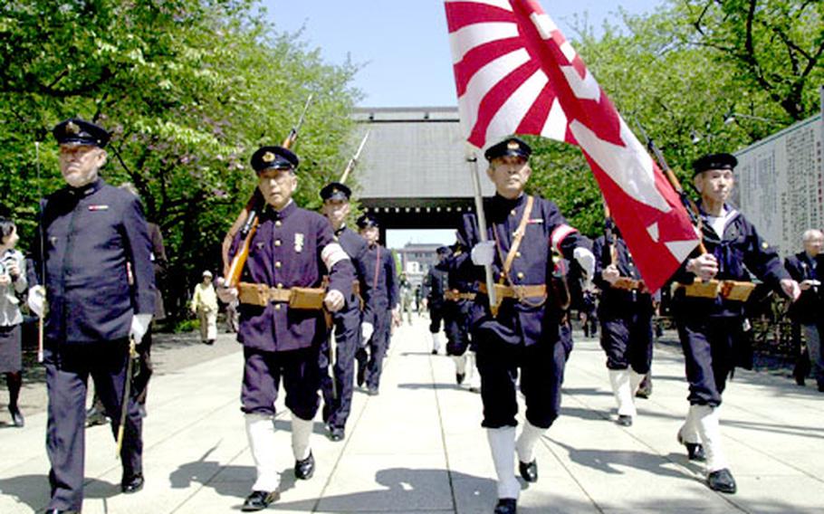 During the Great Spring Festival at Yasukuni Shrine in Tokyo, Japan, a group re-enacted a Japanese Imperial Navy march.
