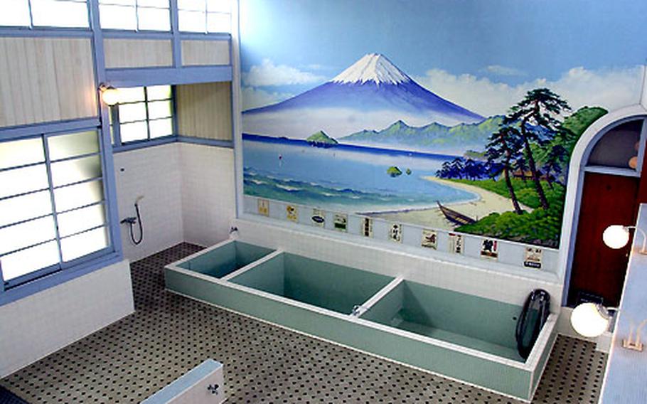 The interior of a bathhouse built in the 1920s. Many of the bathhouses in operation today have the preserved original wall paintings — and 90 percent of those are of Mount Fuji.