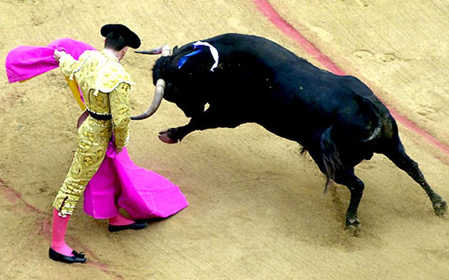 With a swipe of the matador’s cape, a bull just misses his mark at one of the daily bullfights at the San Fermín Fiesta in Pamplona, Spain, last year. Bullfighting is not intended to be fair. In this event, the script usually calls for the bull to suffer and die.