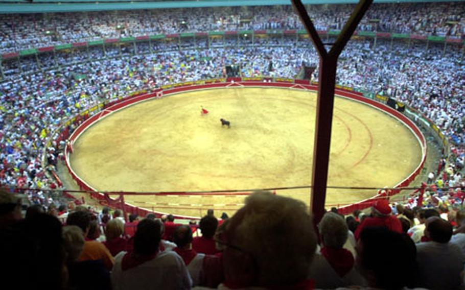 A bird’s-eye view of the bullring at one of the daily bullfights in Pamplona.