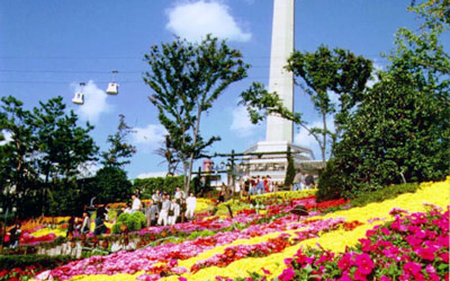 Woobang Tower soars over flower beds at Woobang.