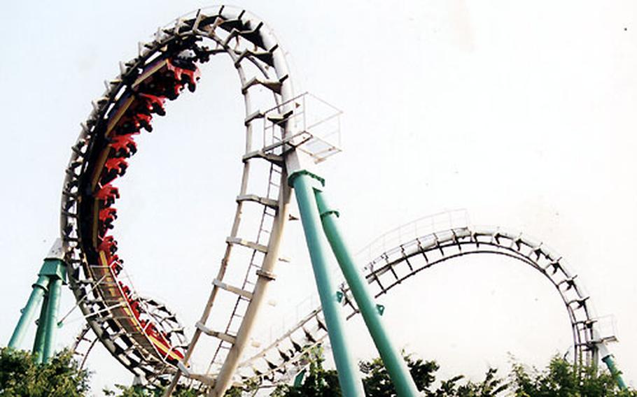 The popular Boomerang roller coaster at Woobang Tower Land in Taegu, South Korea features 360-degree loops.