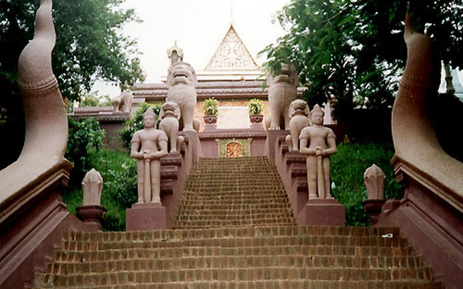The stairway leading to Wat Phnom, a temple on the tallest hill in in Phnom Penh.