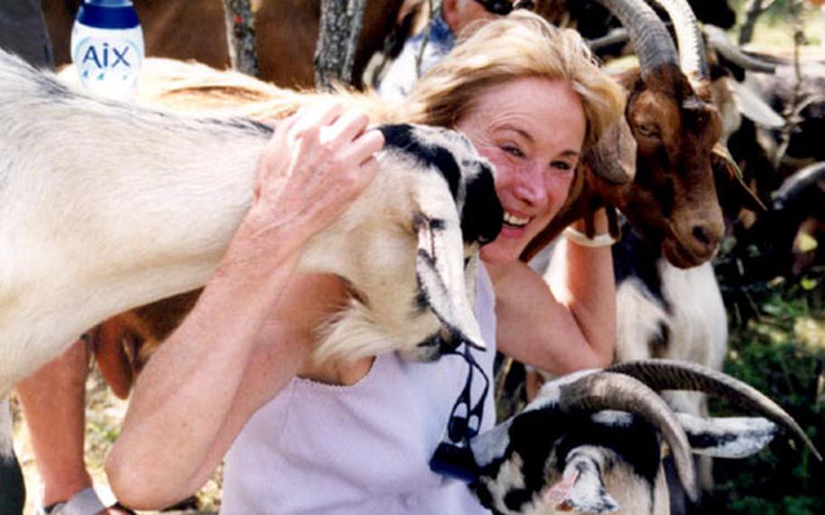 The writer, Leah Larkin, is surrounded by furry friends at the farm operated by Jöel Corbon, who has 40 goats.
