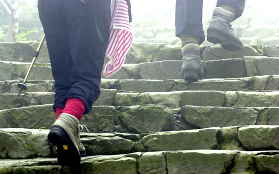 Hikers tackle the uneven steps as they hike to the top of Mount Mitake.