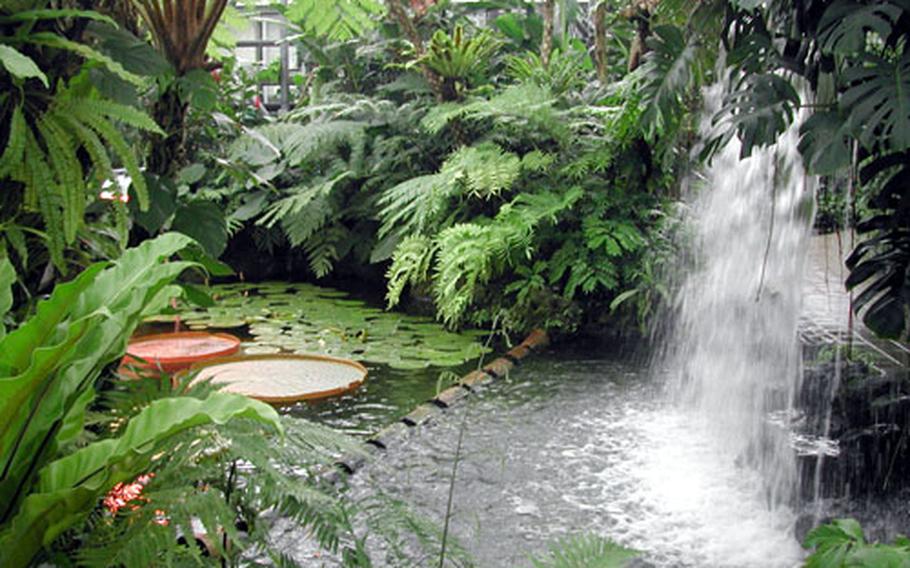 At the center of the garden are a fountain and a cascade.