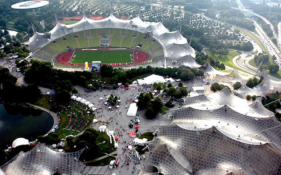 A view of the facilities used for the 1972 summer olympics in Munich, seen from the observation platform, 627 feet up, of the 950-foot high Olympia tower.