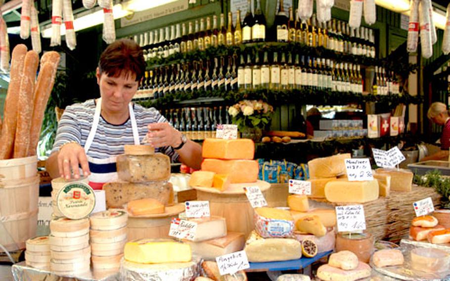 A selection of cheeses at one of the stands at the Viktualienmarkt