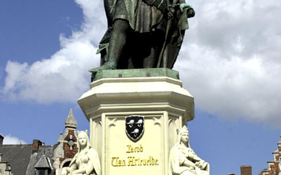 A statue of Jacob van Artevelde towers over the Vrijdagmarkt, or Friday Market, in Ghent. Artevelde ruled the city with near-dictatorial powers and helped create an alliance of Flemish cities in the 14th century.