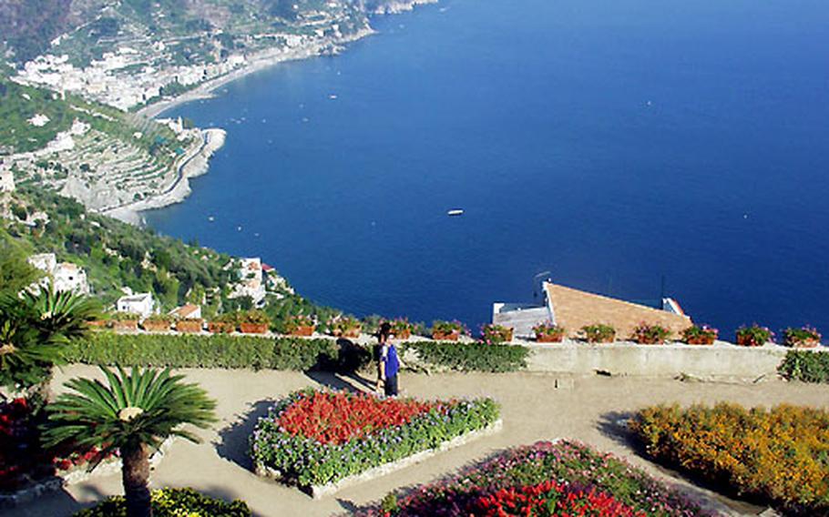 A lush garden in Ravello overlooks the Amalfi coast.